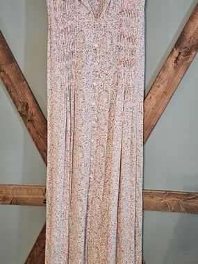 Prarie Style Cream Floral Button-Front Maxi Dress Bohemian 100% Rayon